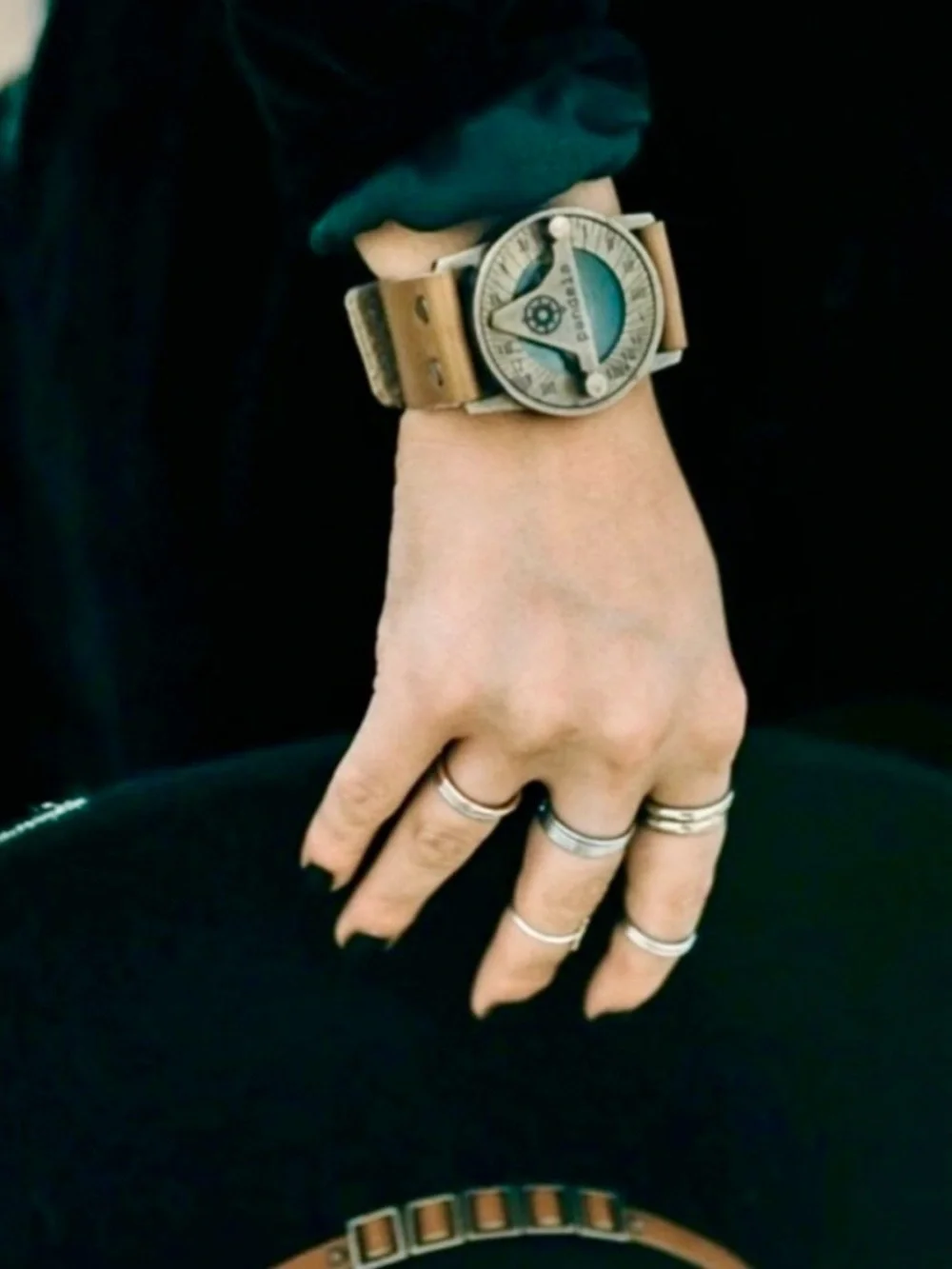PANDEIA Sundial Watch Black Leather Cuff Bronze Roman Numeral Steampunk Artisan
